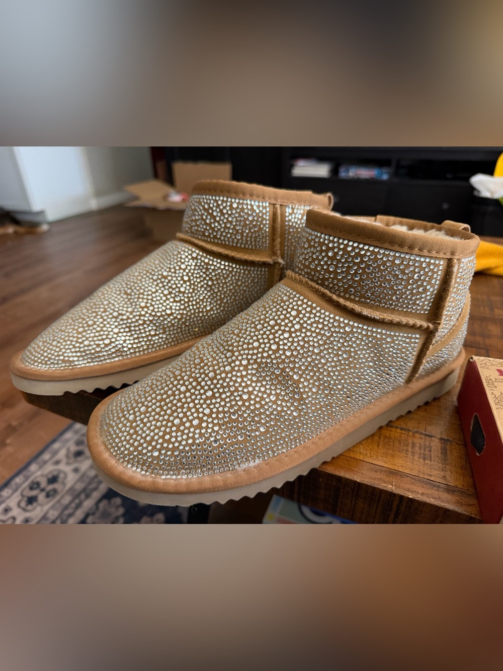 INC-Embellished Tan Ankle Boots with faux leather lining, size 10
